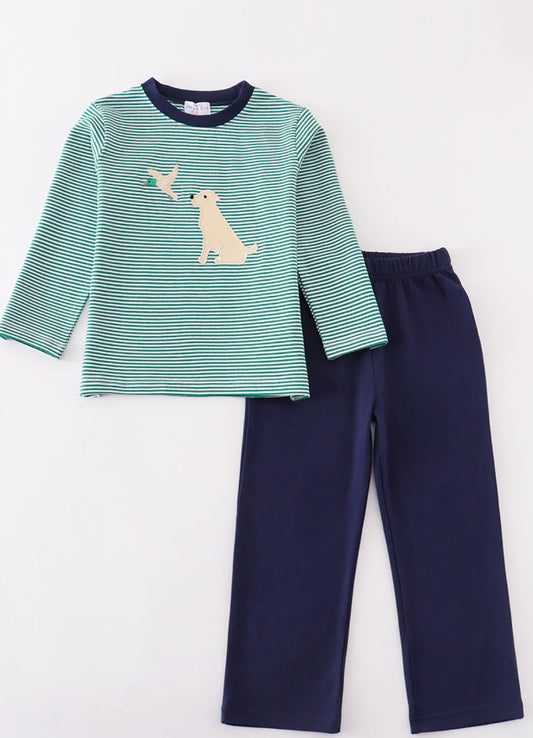 Boys green stripe dog pant set