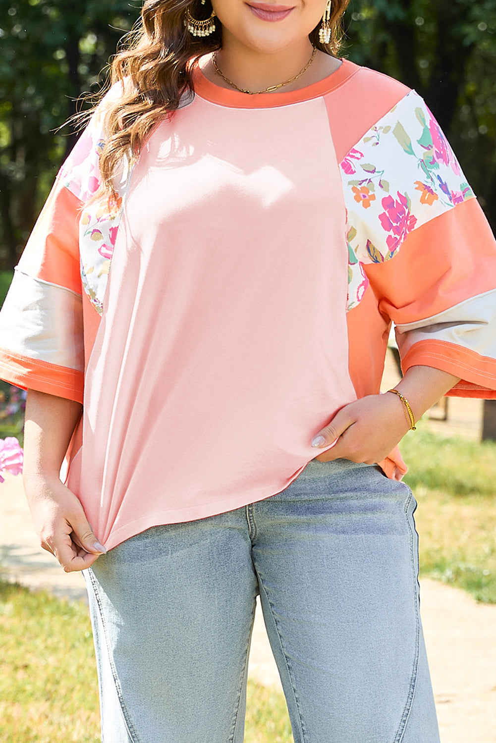 Orange Plus Size Floral Raglan LT