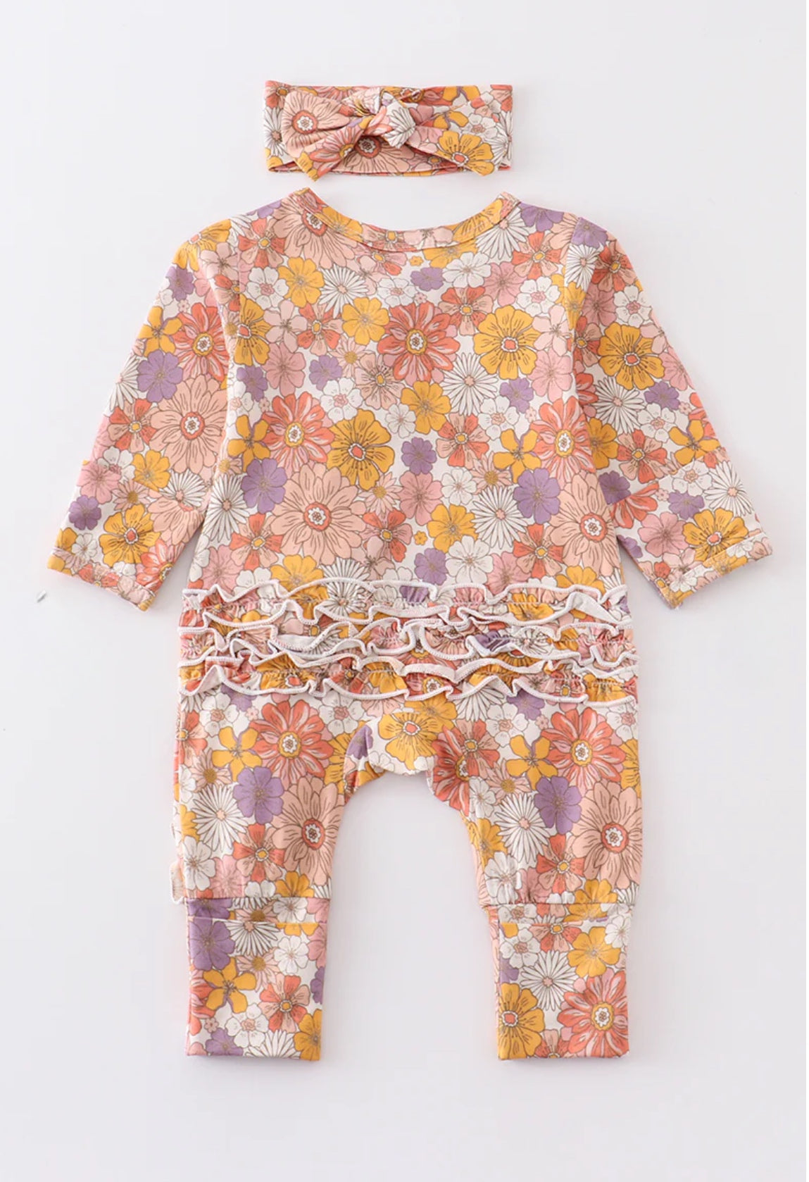 Baby girls floral print ruffle romper with head band