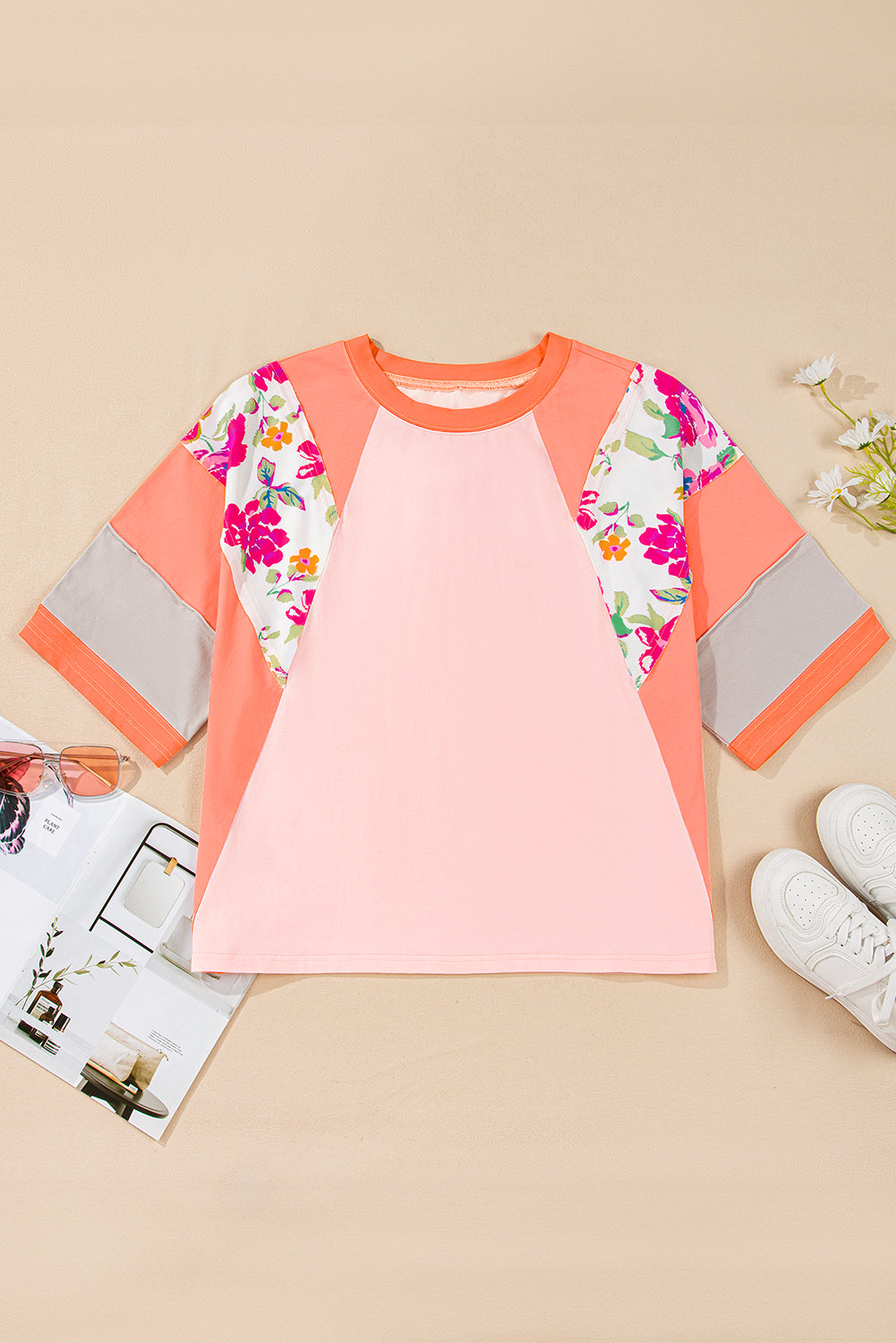 Orange Plus Size Floral Raglan LT