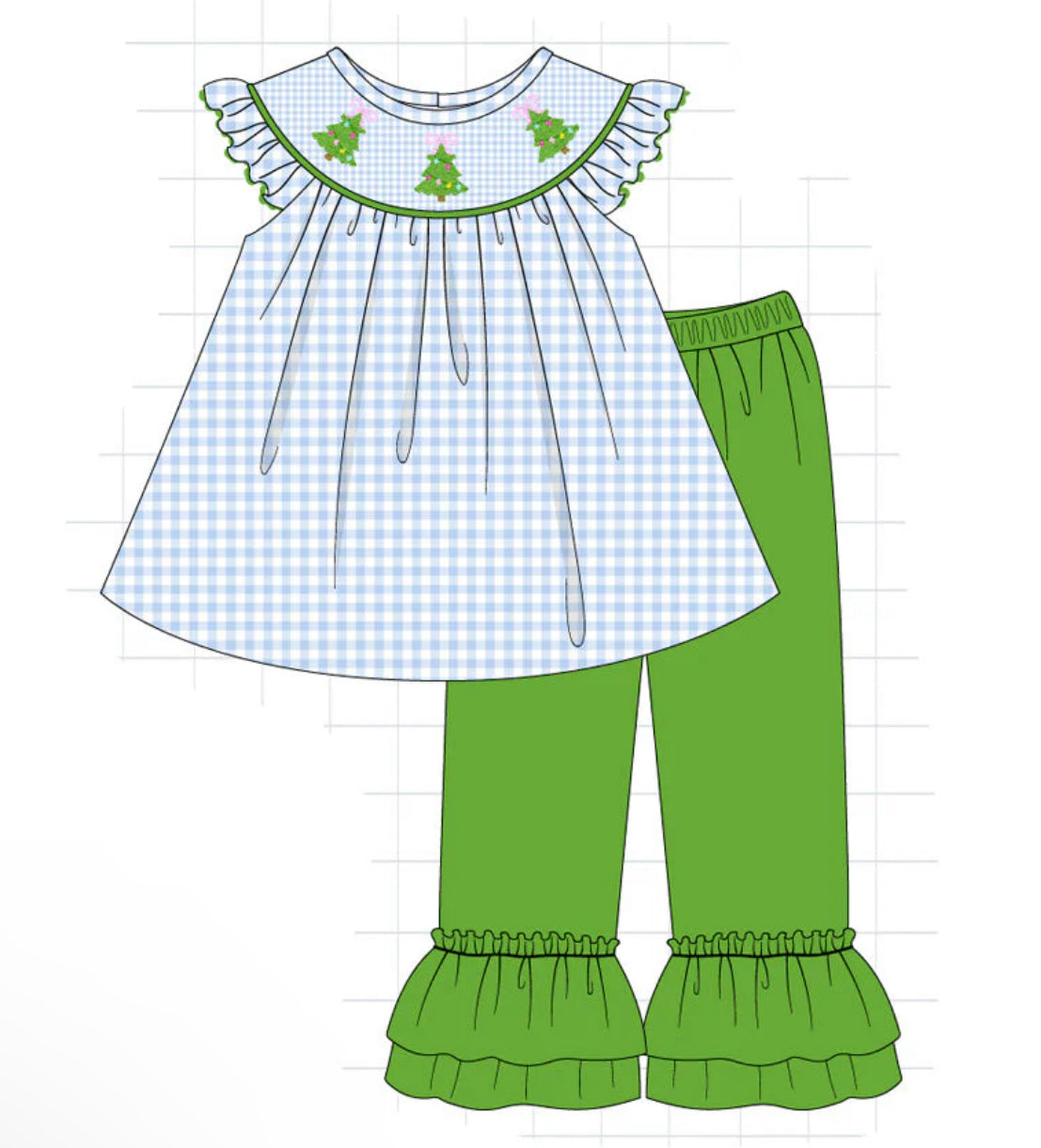 PRE-ORDER CHRISTMAS • Christmas Tree French Knot Girls Pant Set