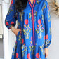 Blue Floral Notched Neck Dress RTS