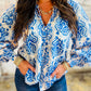 Blue Printed Split Neck Blouse LT