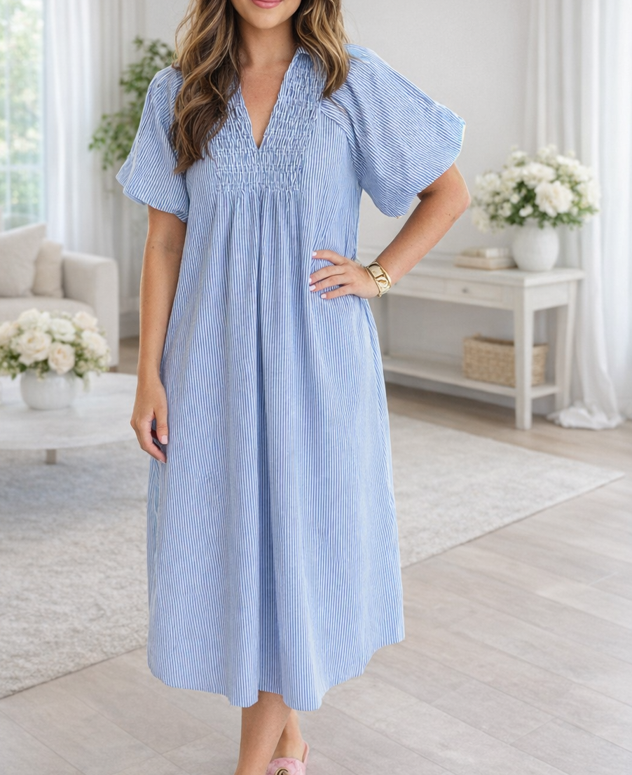 Blue Stripe Shirred Plus Size Midi January.