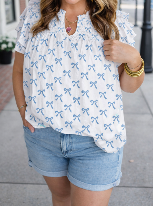 Blue Ruffled Plus Bow Top RTS