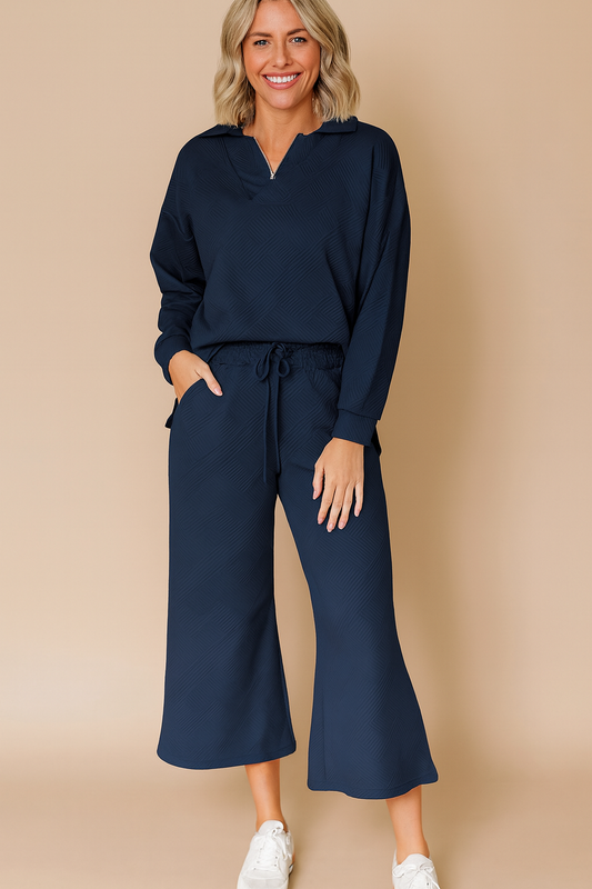 Blue Textured V Neck Set LT