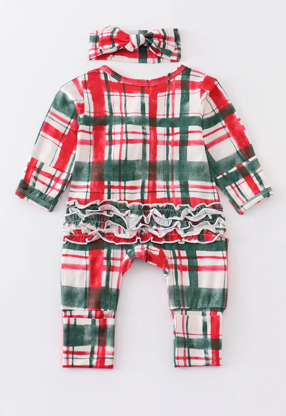 Baby Girls Red + Green plaid ruffle zippy with headband