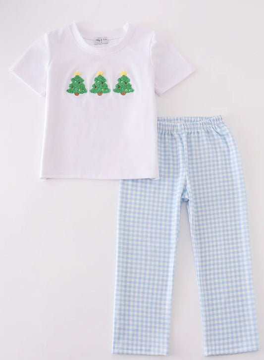Christmas • boys French knot tree and blue gingham pant set