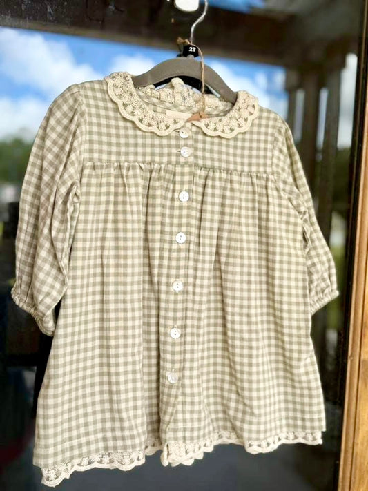 Girls green gingham & lace dress