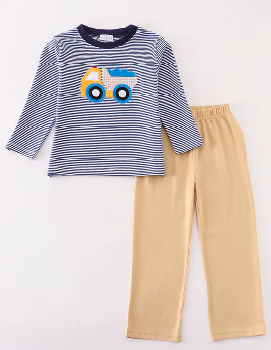 Boys blue stripe truck pant set