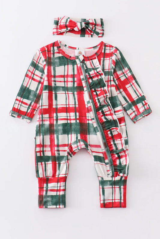 Baby Girls Red + Green plaid ruffle zippy with headband