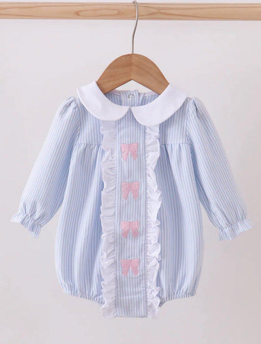 Girls embroidered pink bow seersucker bubble