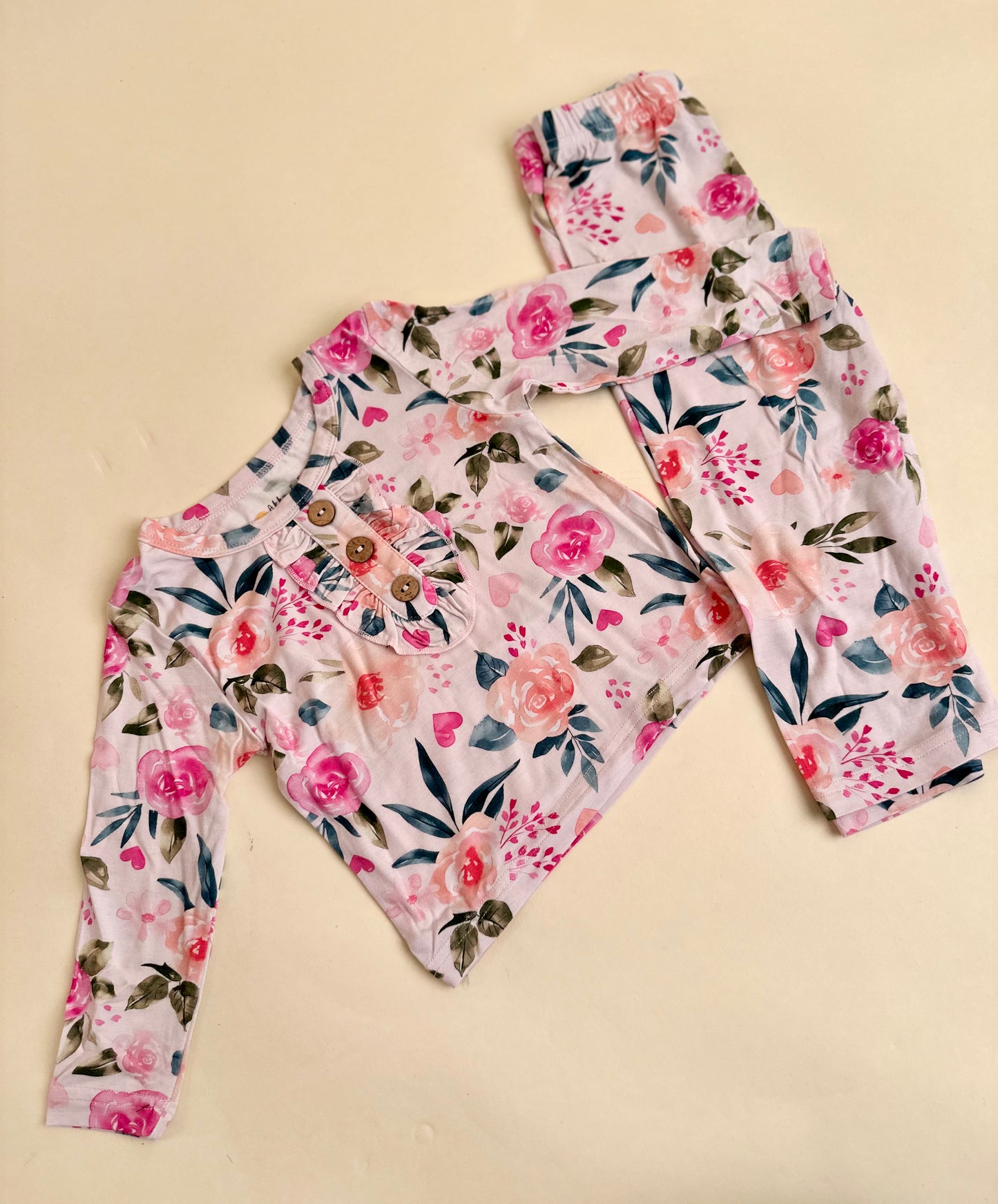 Girls pink floral ruffle bamboo pj set