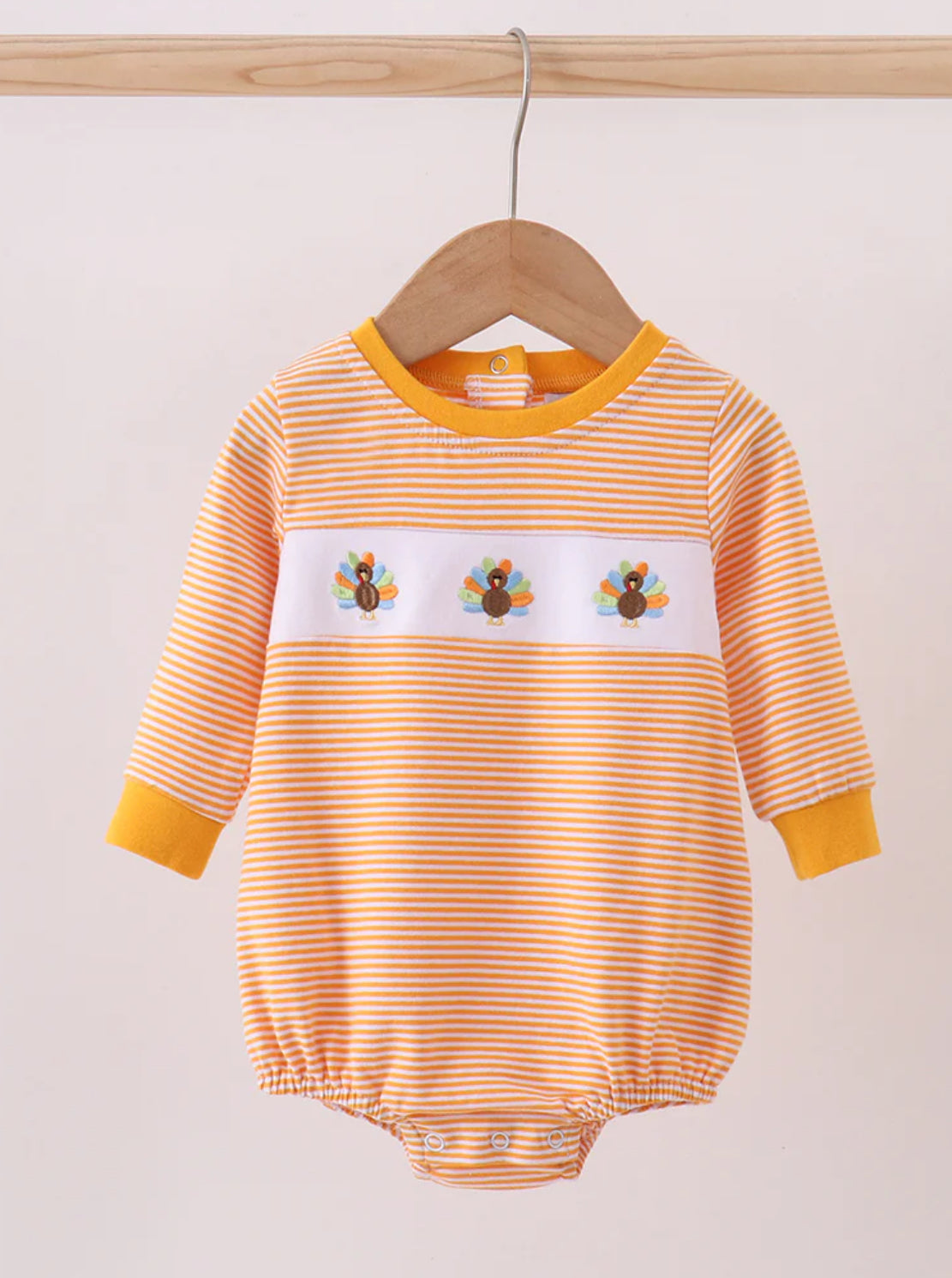 Thanksgiving 2025 • boys embroidered turkey orange stripe bubble