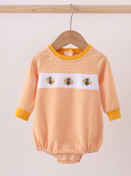 Thanksgiving 2025 • boys embroidered turkey orange stripe bubble