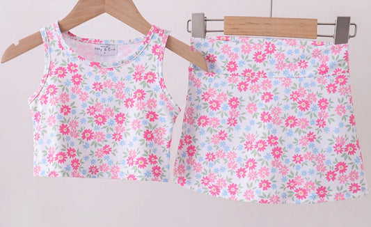 HD26 • girls pink floral print athletic skort set