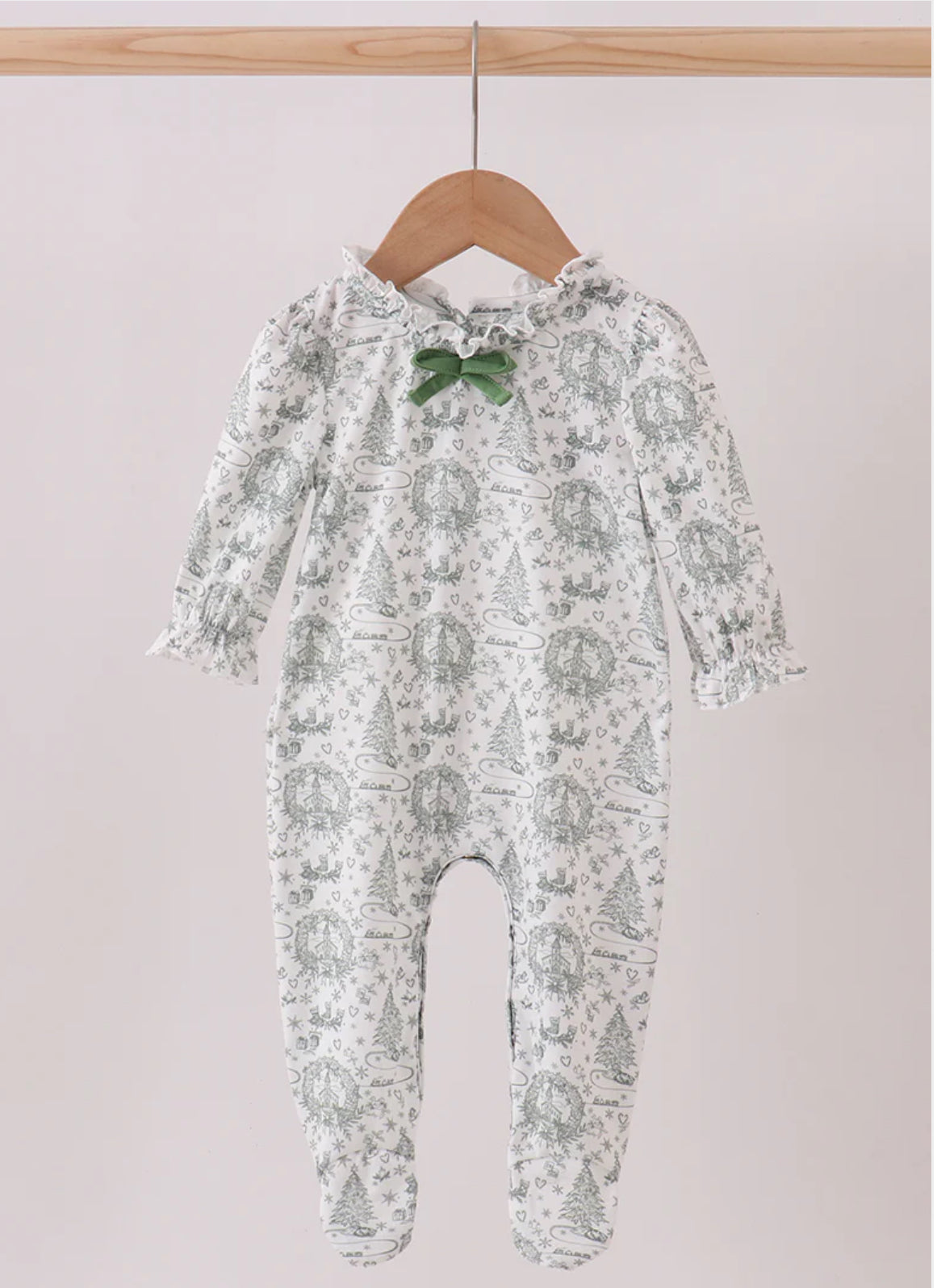 HD Xmas 25 • girls green tree print ruffle romper