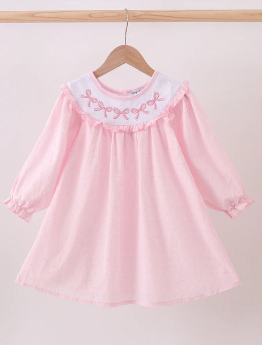 Girls embroidered pink bow Swiss dot dress