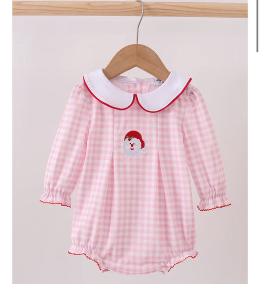 HD xmas 25• girls pink gingham Santa embroidered bubble