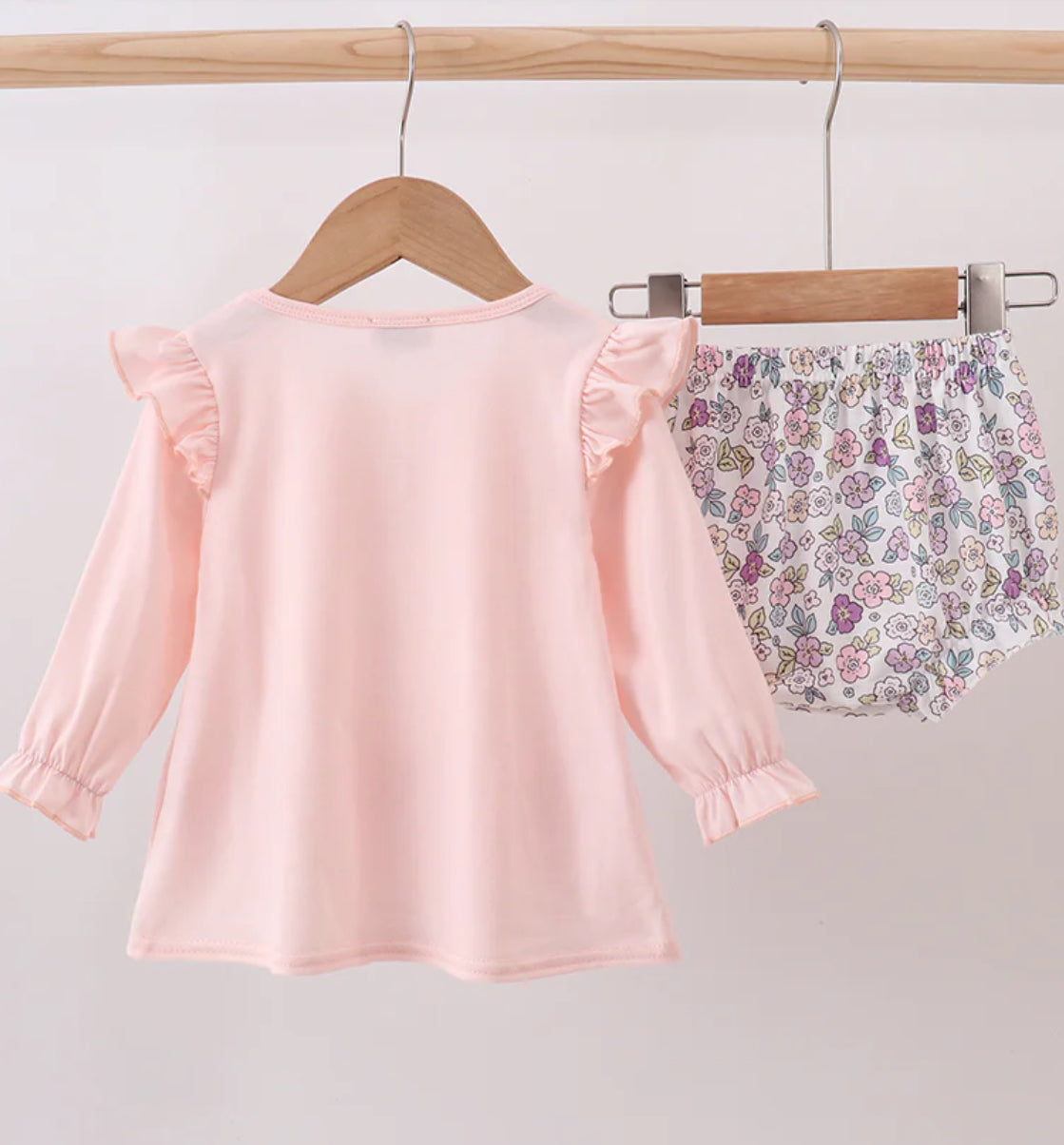 HD • girls pink floral bow appliqué bloomer set