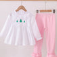 Christmas 2025 • girls white Christmas tree embroidered pink pant set
