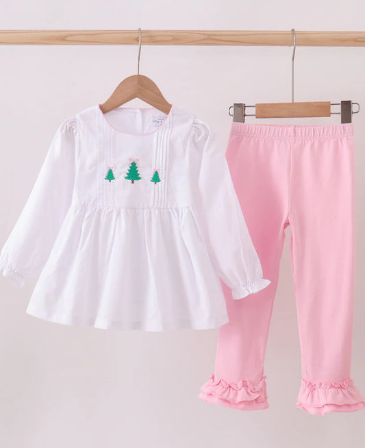Christmas 2025 • girls white Christmas tree embroidered pink pant set