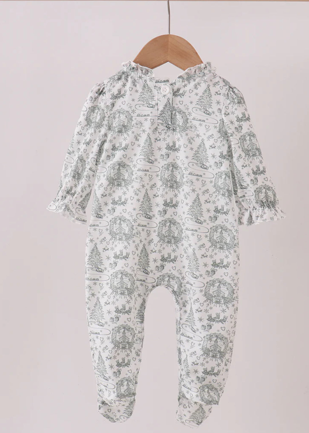HD Xmas 25 • girls green tree print ruffle romper