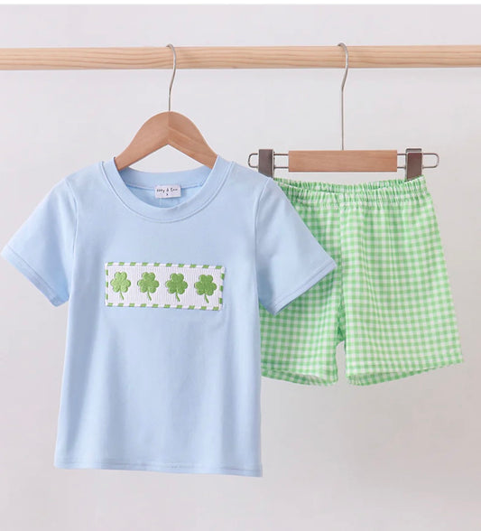 HD26 • boys machine smocked st Patrick’s day short set