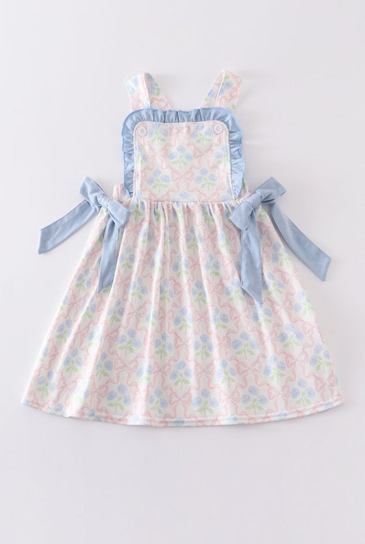 Girls Blue Floral/Pink Bow Ruffle Dress