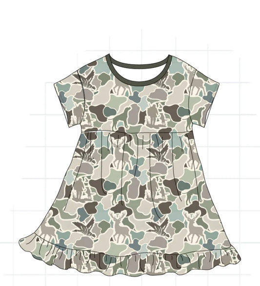 Preorder 69 • girls camo bamboo dress. Ships early March