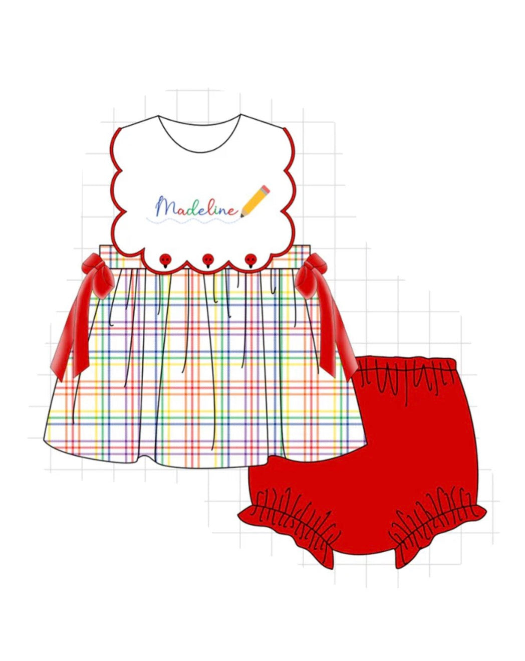 Preorder 81 • red pencil monogram bloomer set. Ships mid July