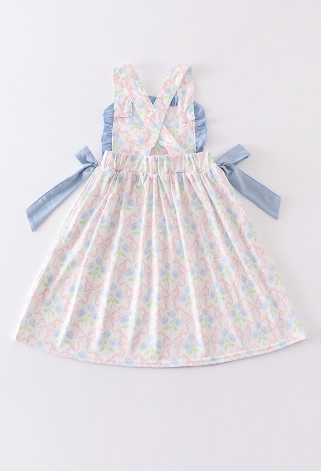 Girls Blue Floral/Pink Bow Ruffle Dress