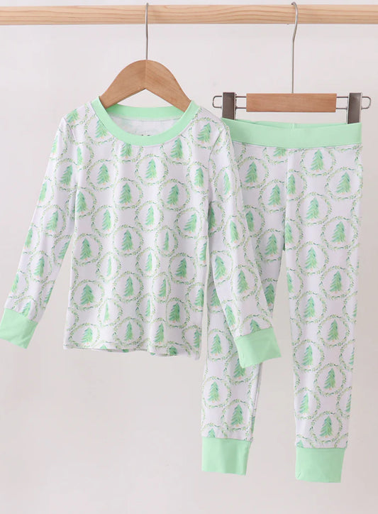 HD Xmas 25 • boys green tree bamboo pj set