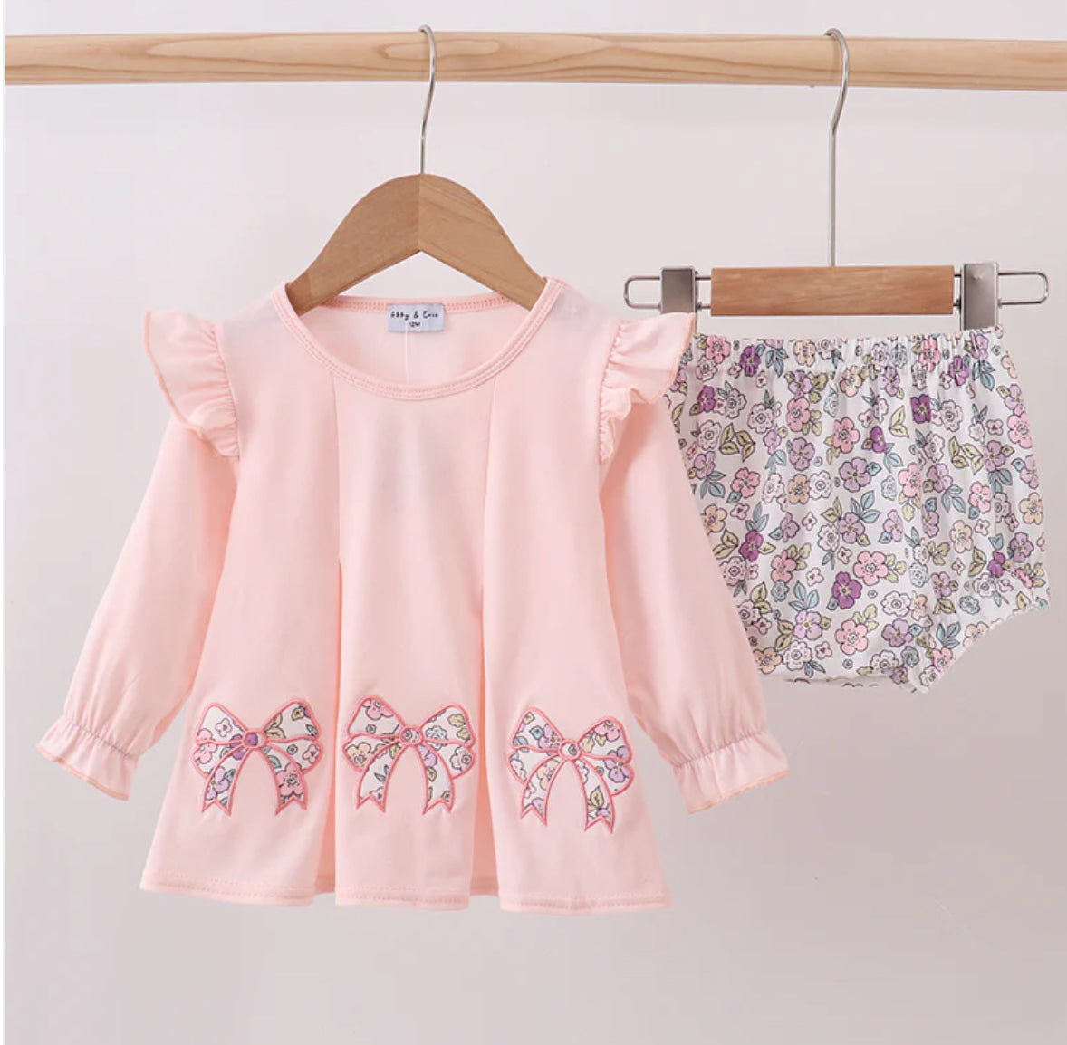 HD • girls pink floral bow appliqué bloomer set