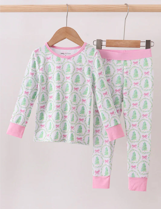 HD Xmas 25 • girls tree & pink bow bamboo pj set