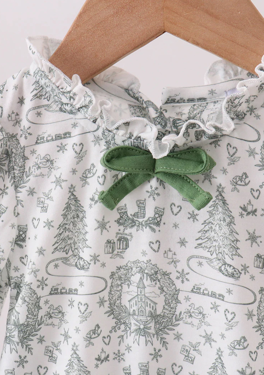 HD Xmas 25 • girls green tree print ruffle romper