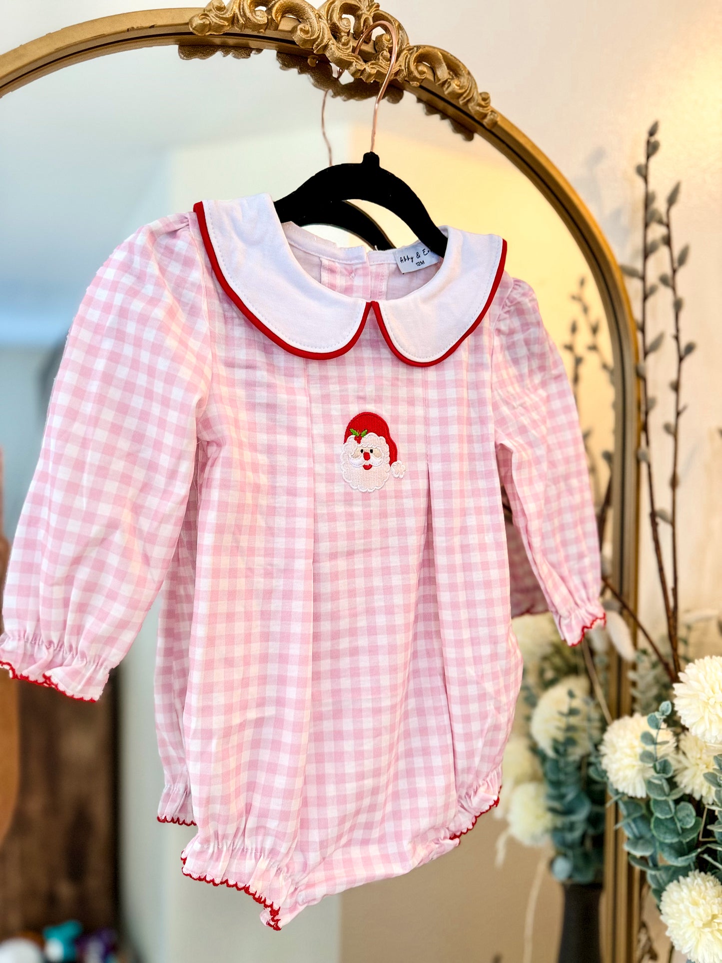 HD xmas 25• girls pink gingham Santa embroidered bubble