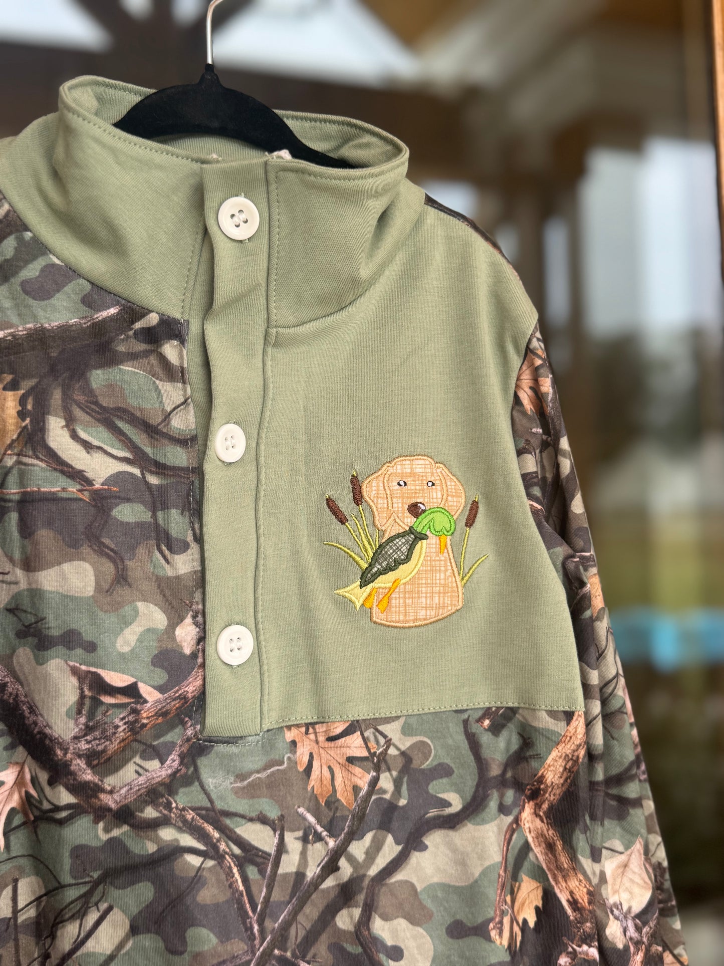 HD • boys embroidered camo hunting dog pullover