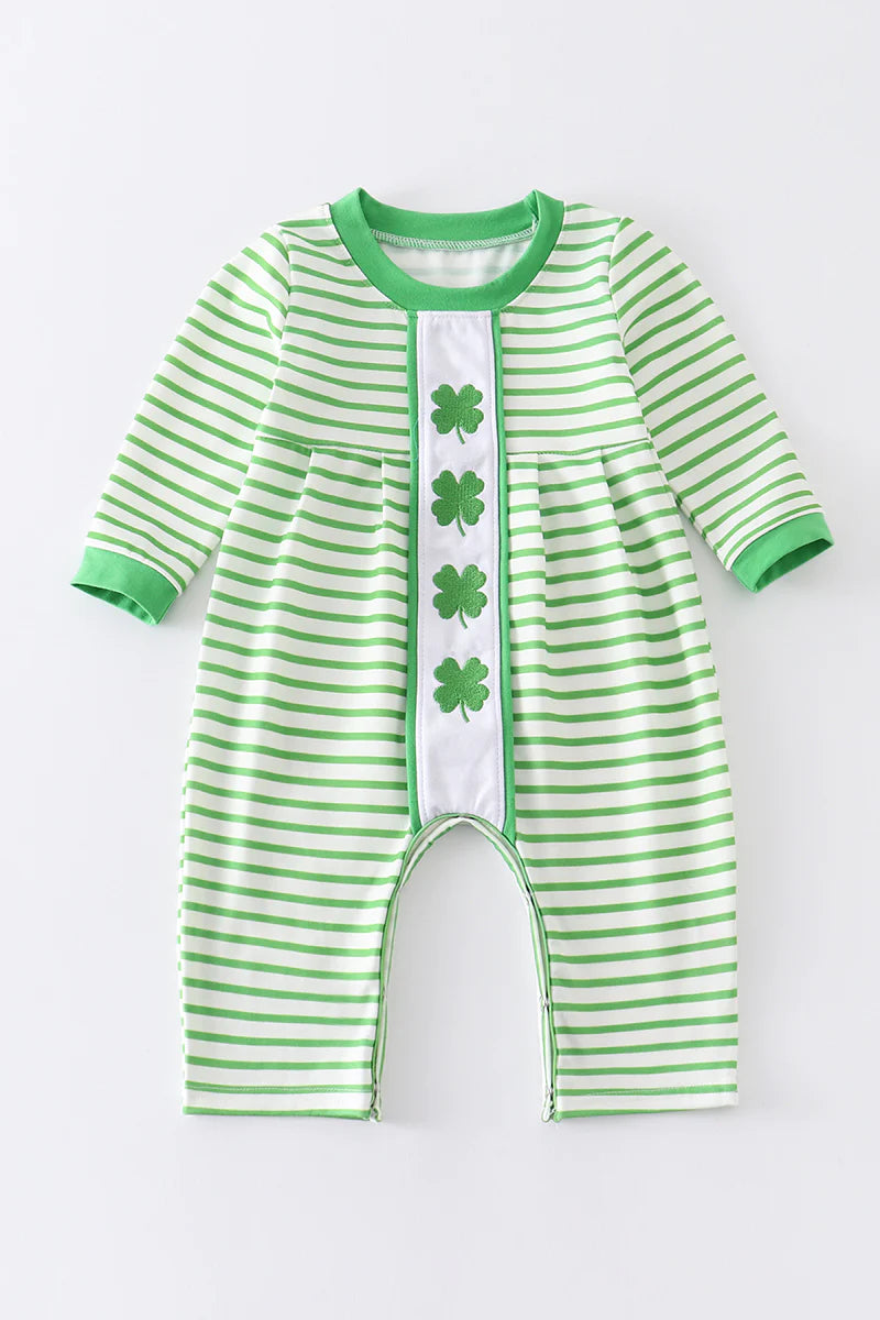 Green Clover Embroidery Boy Romper