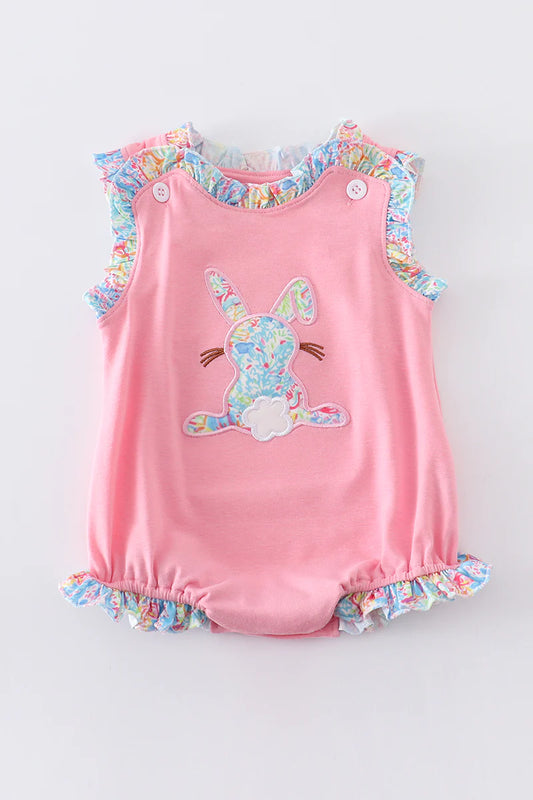 Pink Lily Print Rabbit Applique Ruffle Girl Bubble