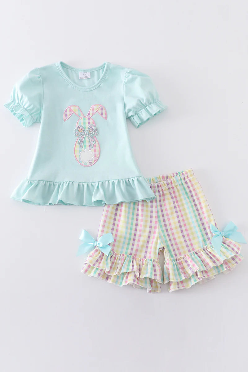 Mint Rabbit Applique Girl Shorts Set