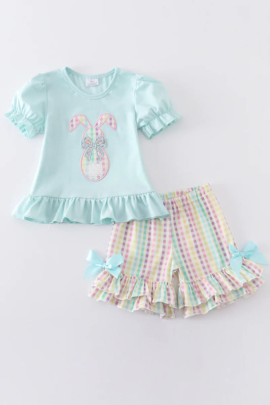 Mint Rabbit Applique Girl Shorts Set