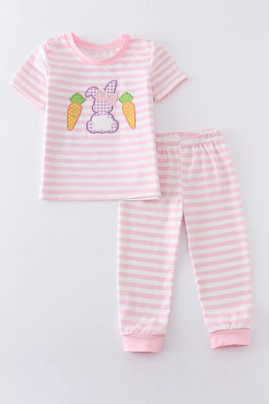 Pink Rabbit Carrot Applique Ruffle Girl Pajamas Set