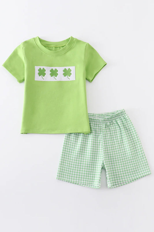 Green Clovers Embroidery Plaid Boy's Short Set