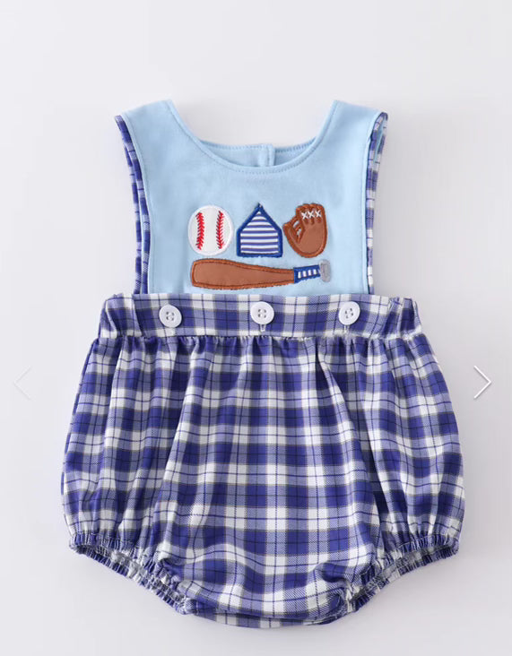 SALE - Blue Plaid Baseball Applique Boy Bubble