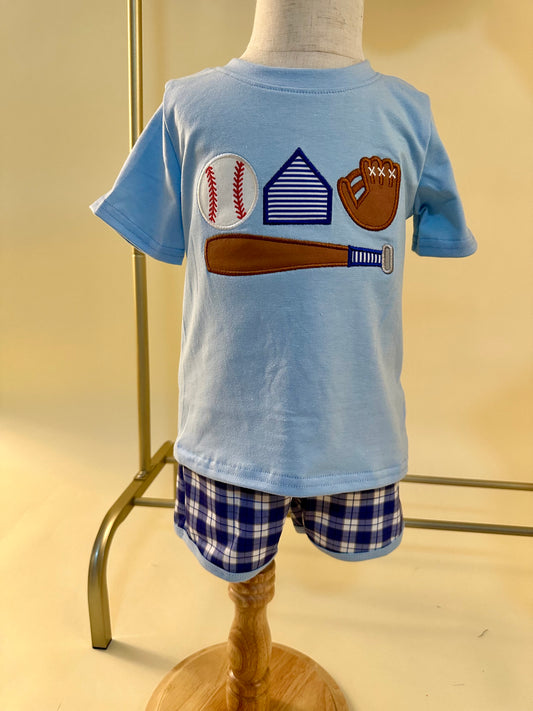 SALE - Blue Plaid Baseball Applique Boy Set