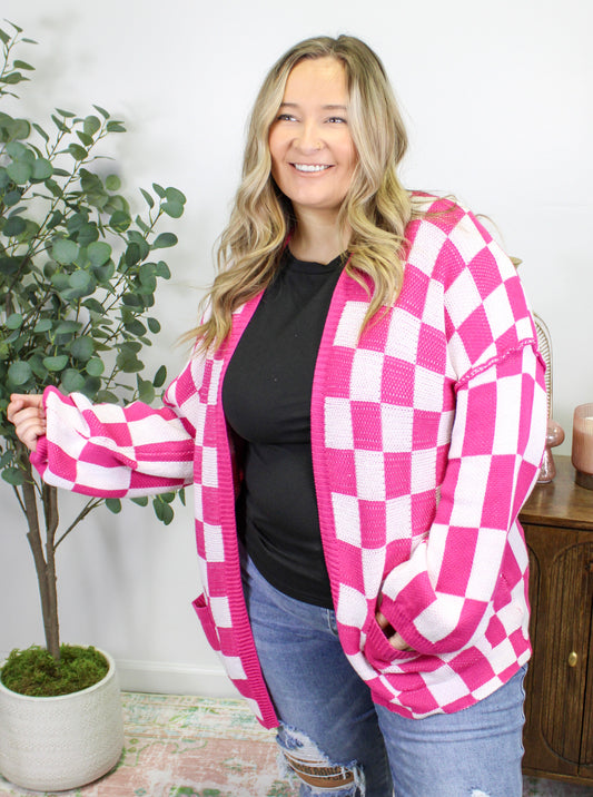 Pink Checkered Plus Size Cardigan LT