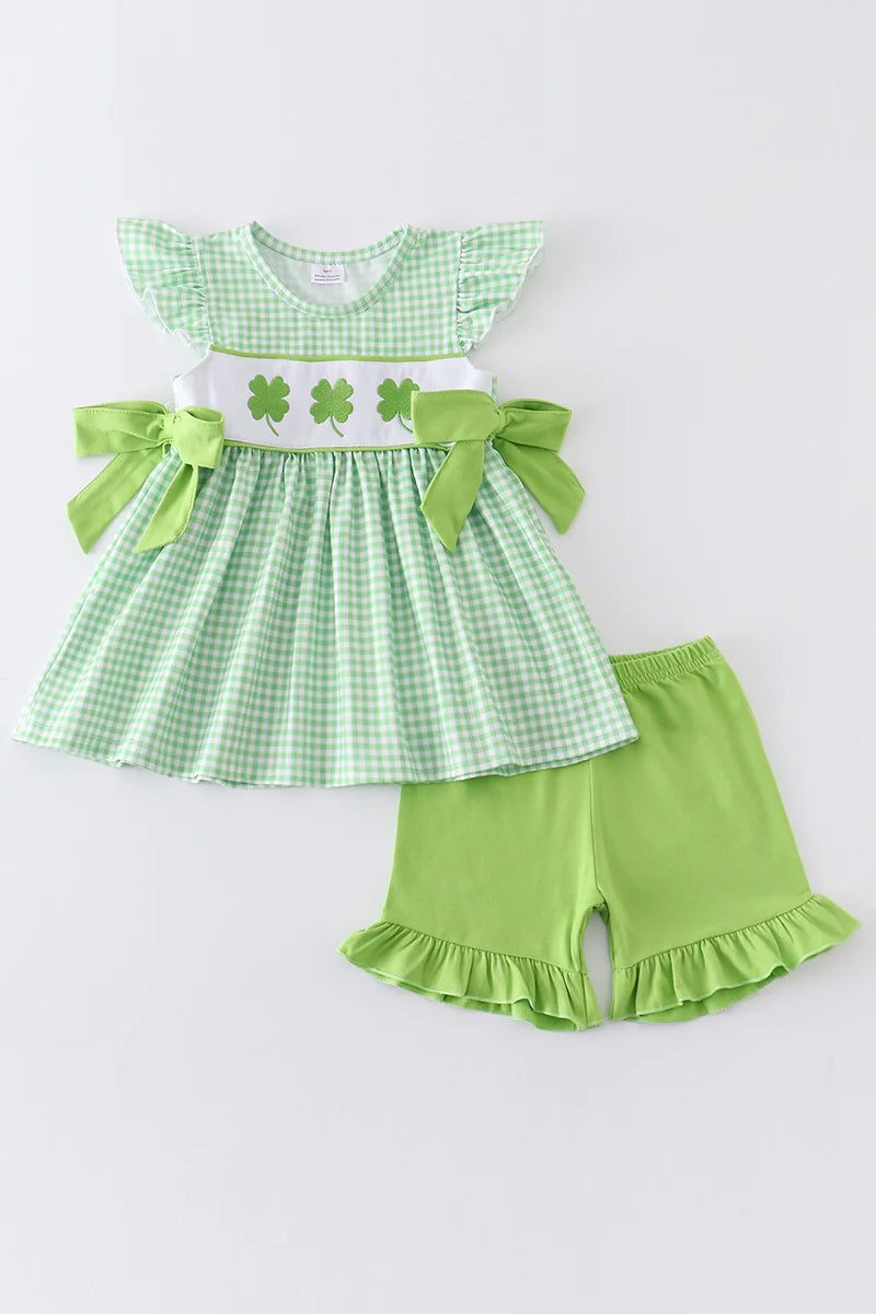 Green Clovers Embroidery Plaid Girl's Short Set