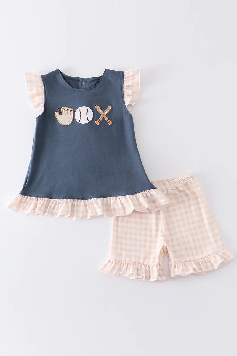 SALE - Navy Baseball Applique Ruffle Girl Set