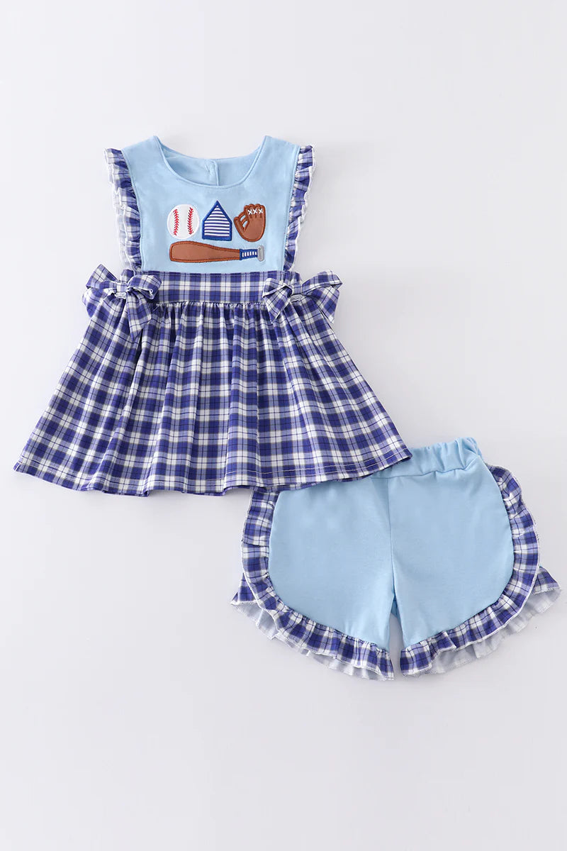 SALE - Blue Plaid Baseball Applique Girl Set